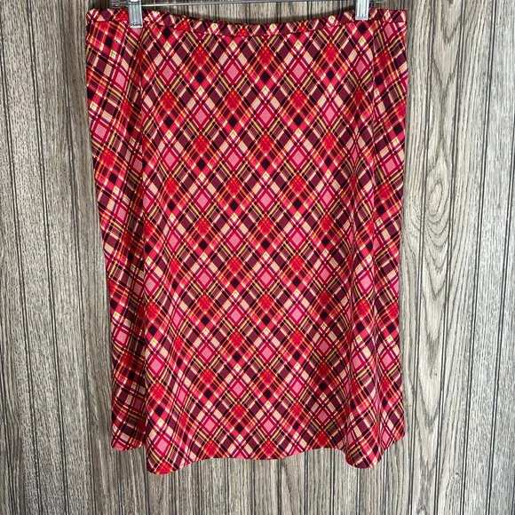y2k Red Green Pink Plaid A-Line Mod Midi Skirt - Picture 1 of 4
